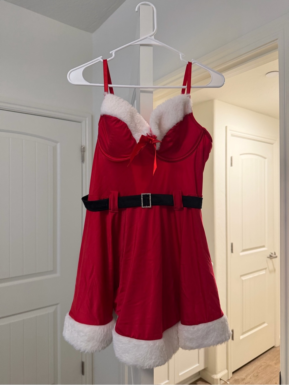 Hustler Hollywood Red Faux Fur Trim Holiday Chemise with Black Belt
